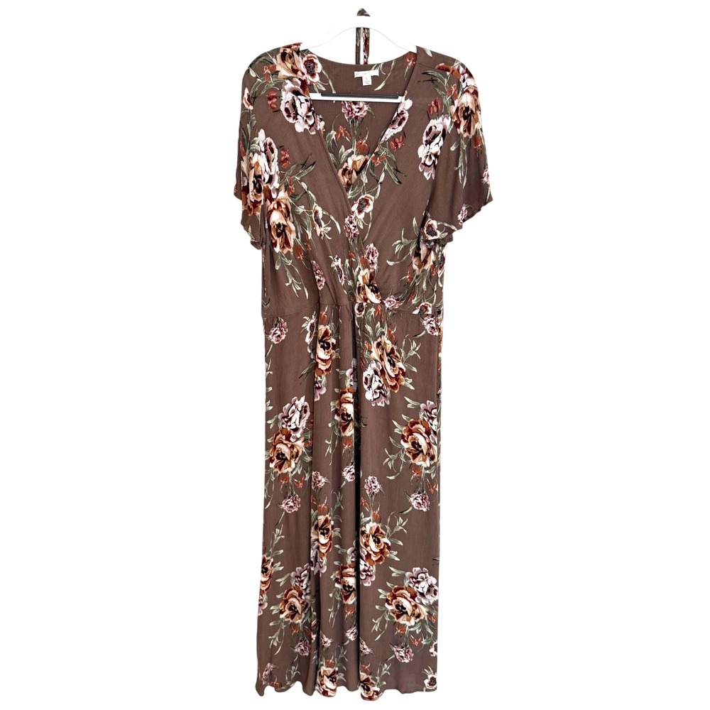 Floral Faux Wrap Maxi‎ Dress Brown Short Sleeve V-Neck XL Autumn Fall  Wedding
